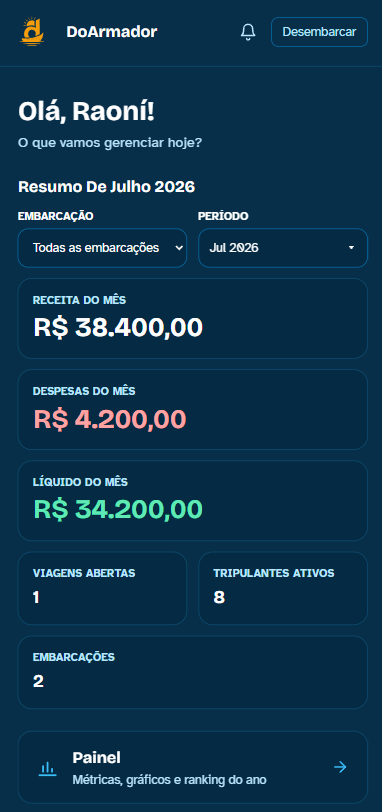 Painel inicial do DoArmador com resumo do mês